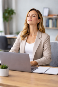 personne faisant une pause sophrologie au travail les yeux fermés pour diminuer le stress et se recentrer