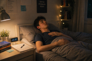 ycéen pratiquant la respiration 4 7 8 allongé dans son lit pour favoriser un sommeil serein sophrologie Paris 13