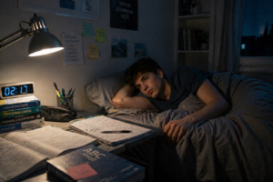 lycéen insomniaque dans son lit la nuit pendant les révisions pour ses examens stress fatigue Paris 13 sophrologue hypnothérapeute