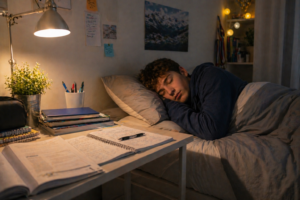 Étudiant dormant paisiblement à côté de ses livres de révision — sophrologie sommeil Paris 13
